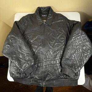 Vtg Marc Buchanan Pelle Pelle Black Embossed Leather Hip Hop Bomber Jacket 56
